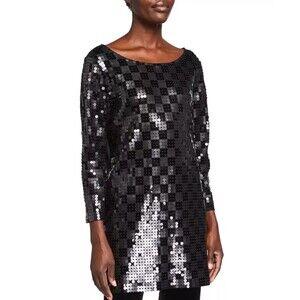Joan Vass Large Sequin Tunic 3/4 Sleeve Sparkle Boat Neck Top Black